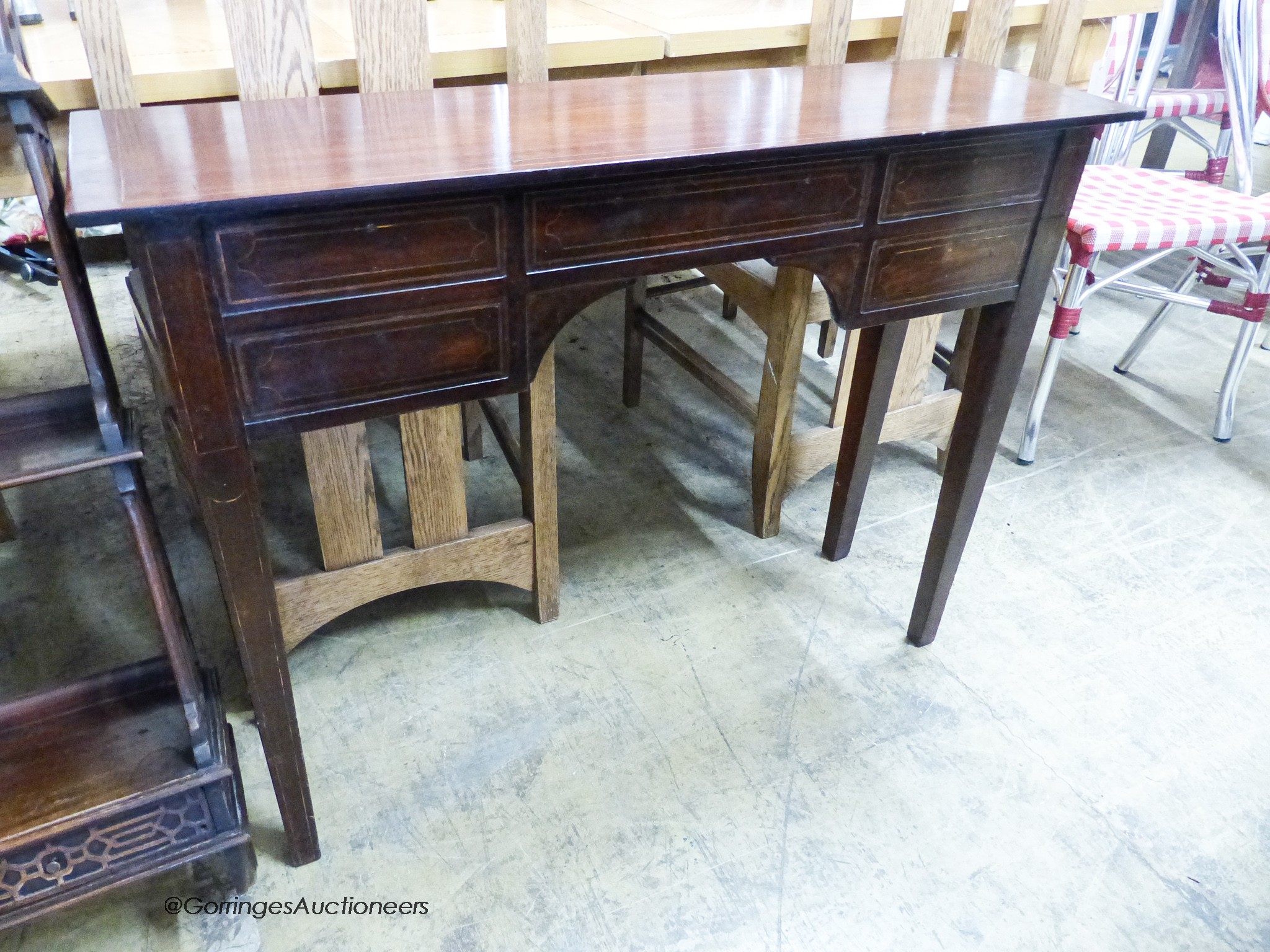 A George III style mahogany wall shelf, width 74cm, height 93cm together with a mahogany side table